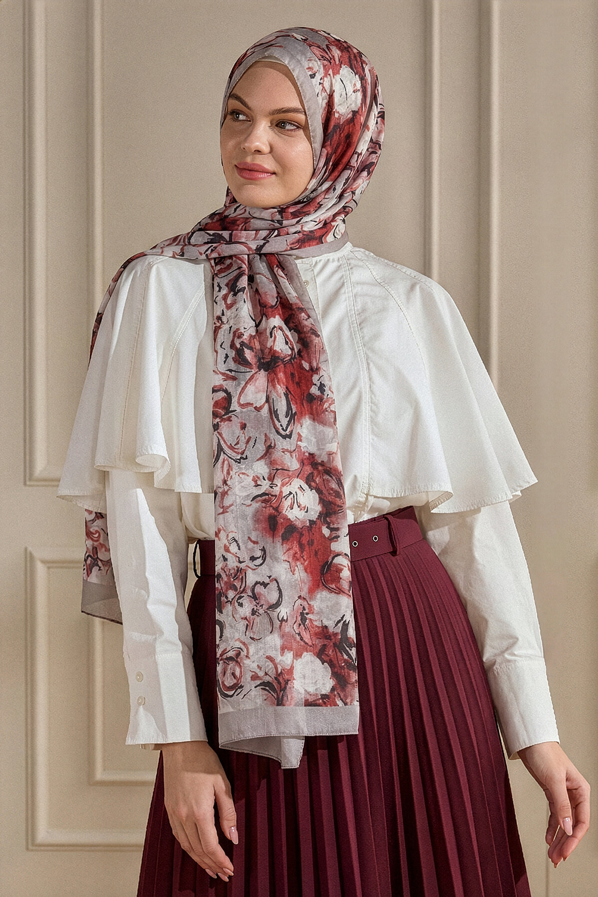 Bordo Pamuk Esintisi Desen Kraş Şal