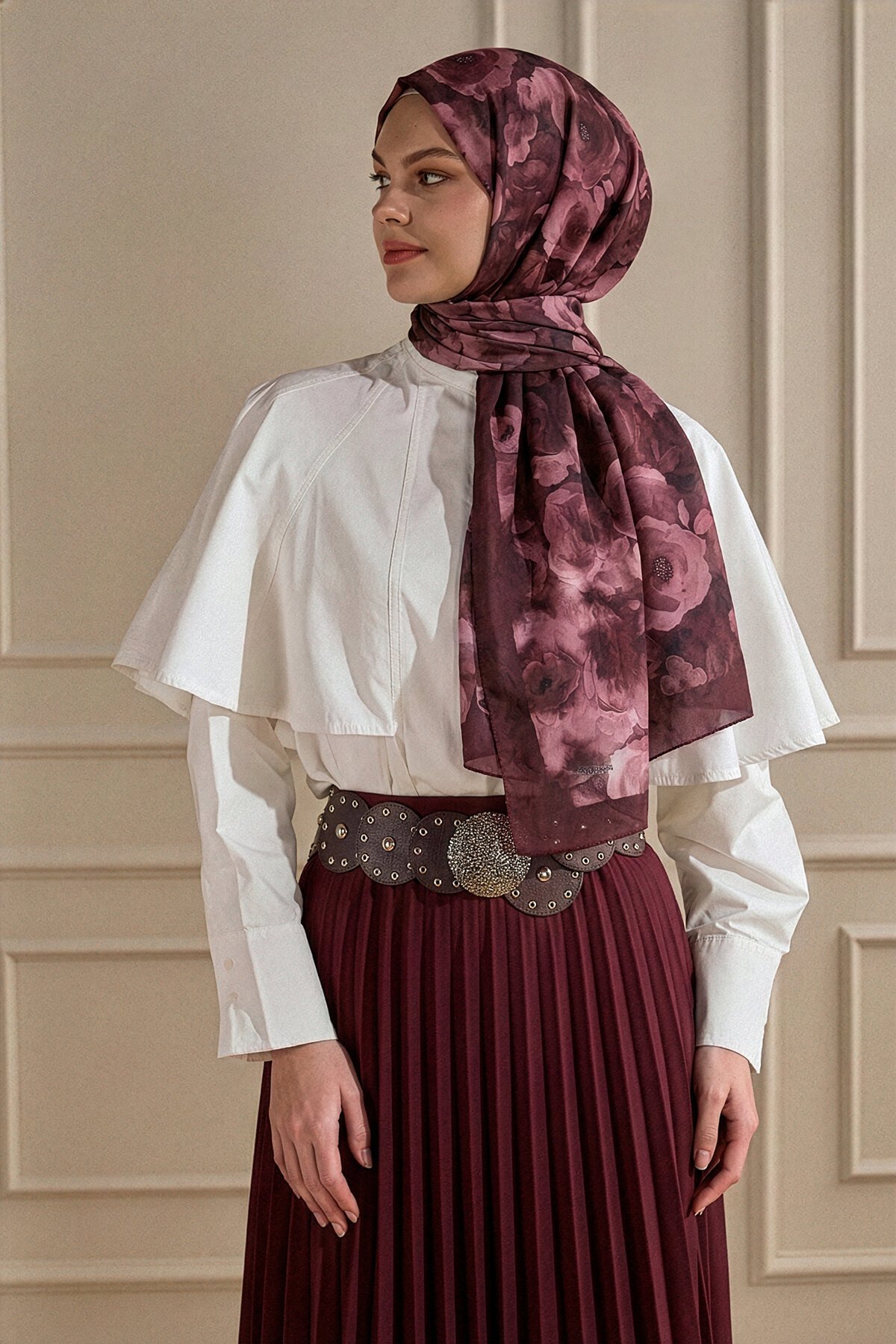 Bordo Suluboya Gül Desenli Kraş Şal