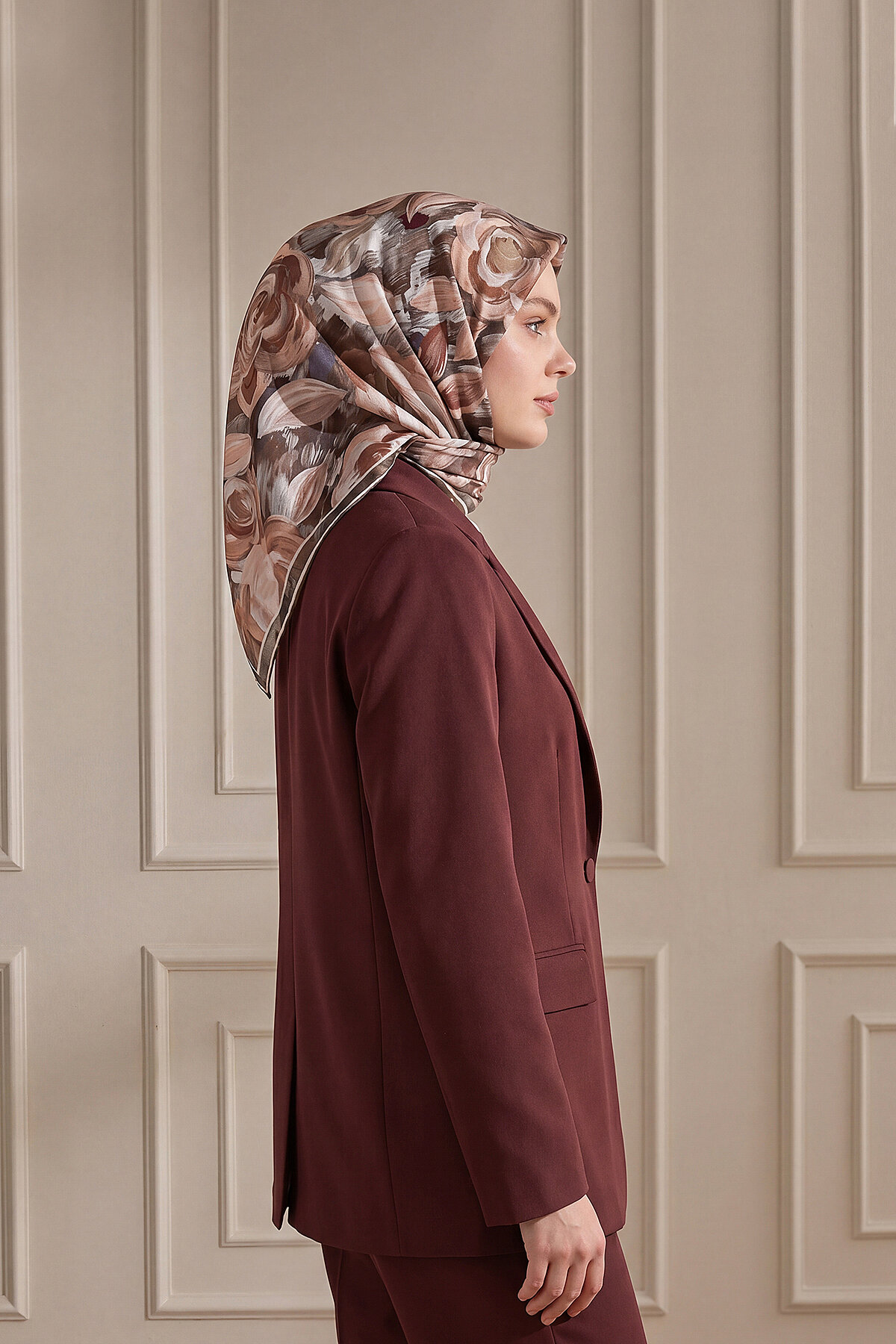 Kahve Gül Sanat Bahçesi Desen Organik Eşarp