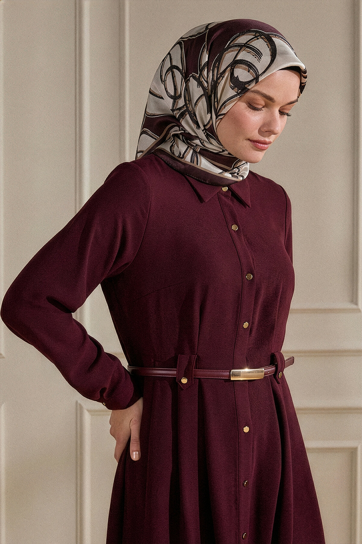 Bordo Çember Dansı Desen Kristal Eşarp