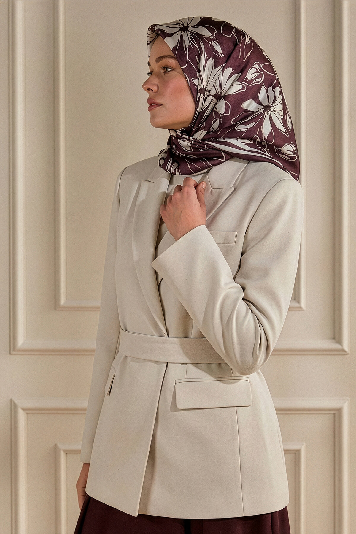 Bordo Şakayık Desen Kristal Eşarp