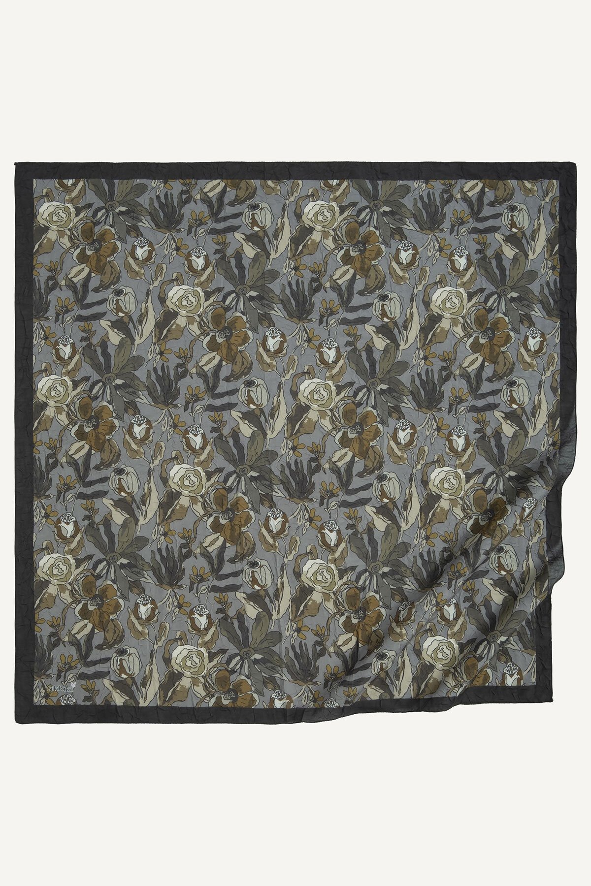 Siyah-Gri Vintage Flora Desen Kraş Eşarp