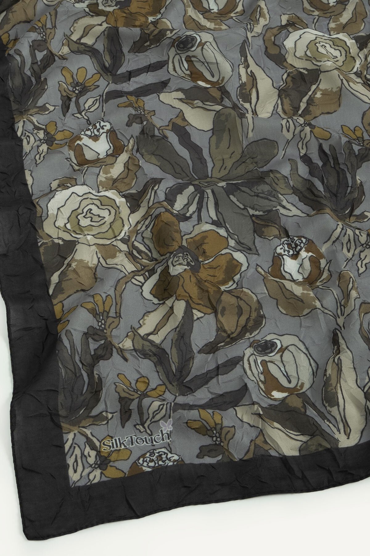 Siyah-Gri Vintage Flora Desen Kraş Eşarp