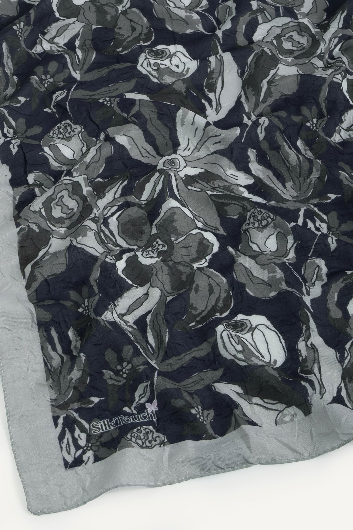Gri-Lacivert Vintage Flora Desen Kraş Eşarp