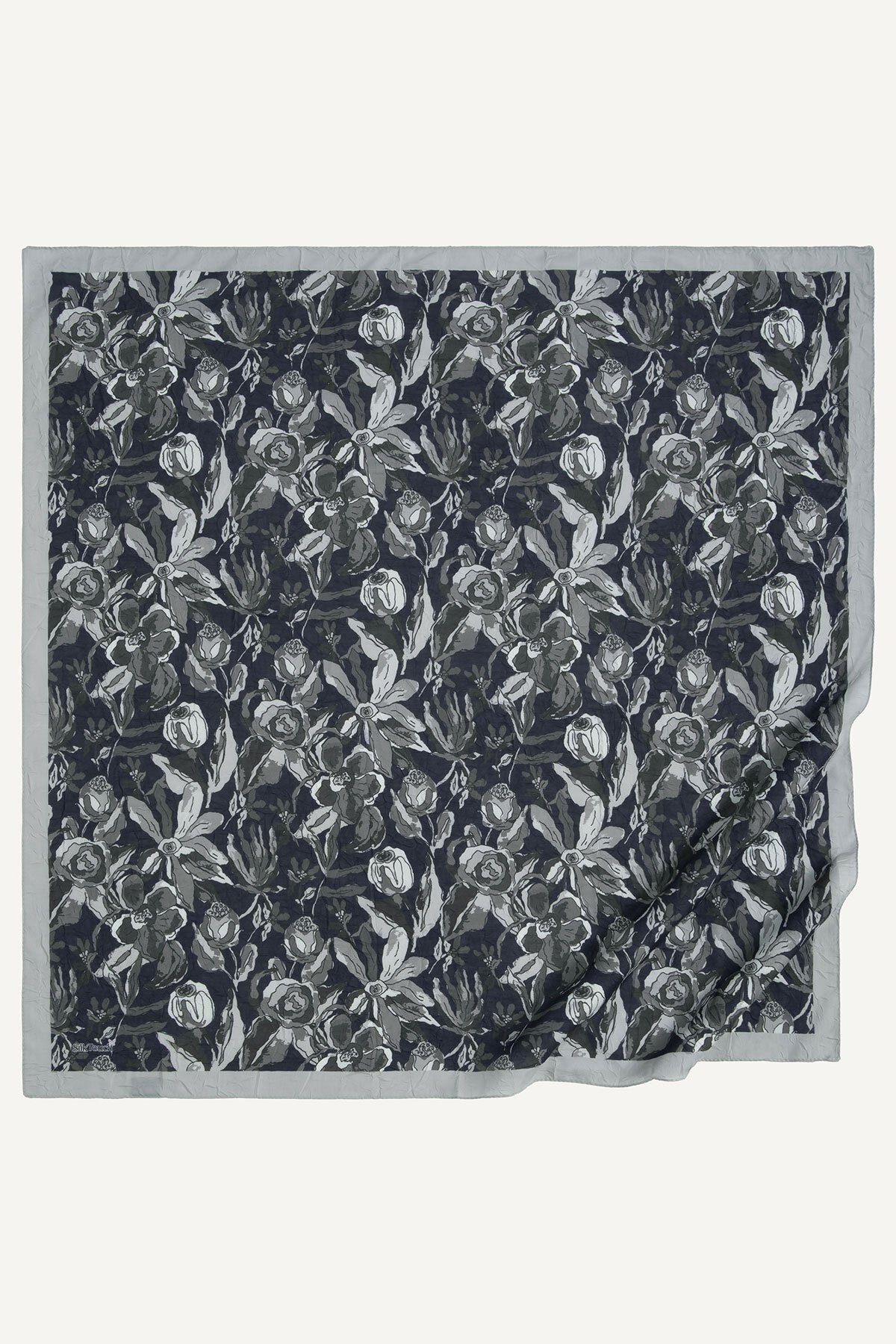 Gri-Lacivert Vintage Flora Desen Kraş Eşarp