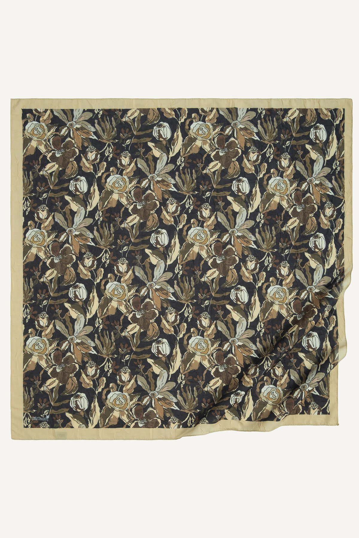 Gold-Siyah Vintage Flora Desen Kraş Eşarp
