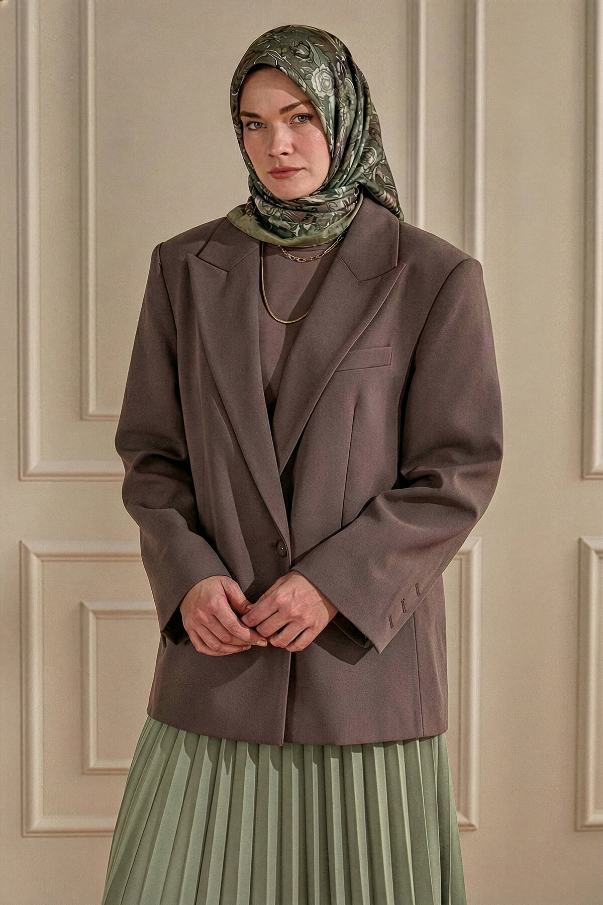 Kahve Vintage Flora Desen Kraş Eşarp