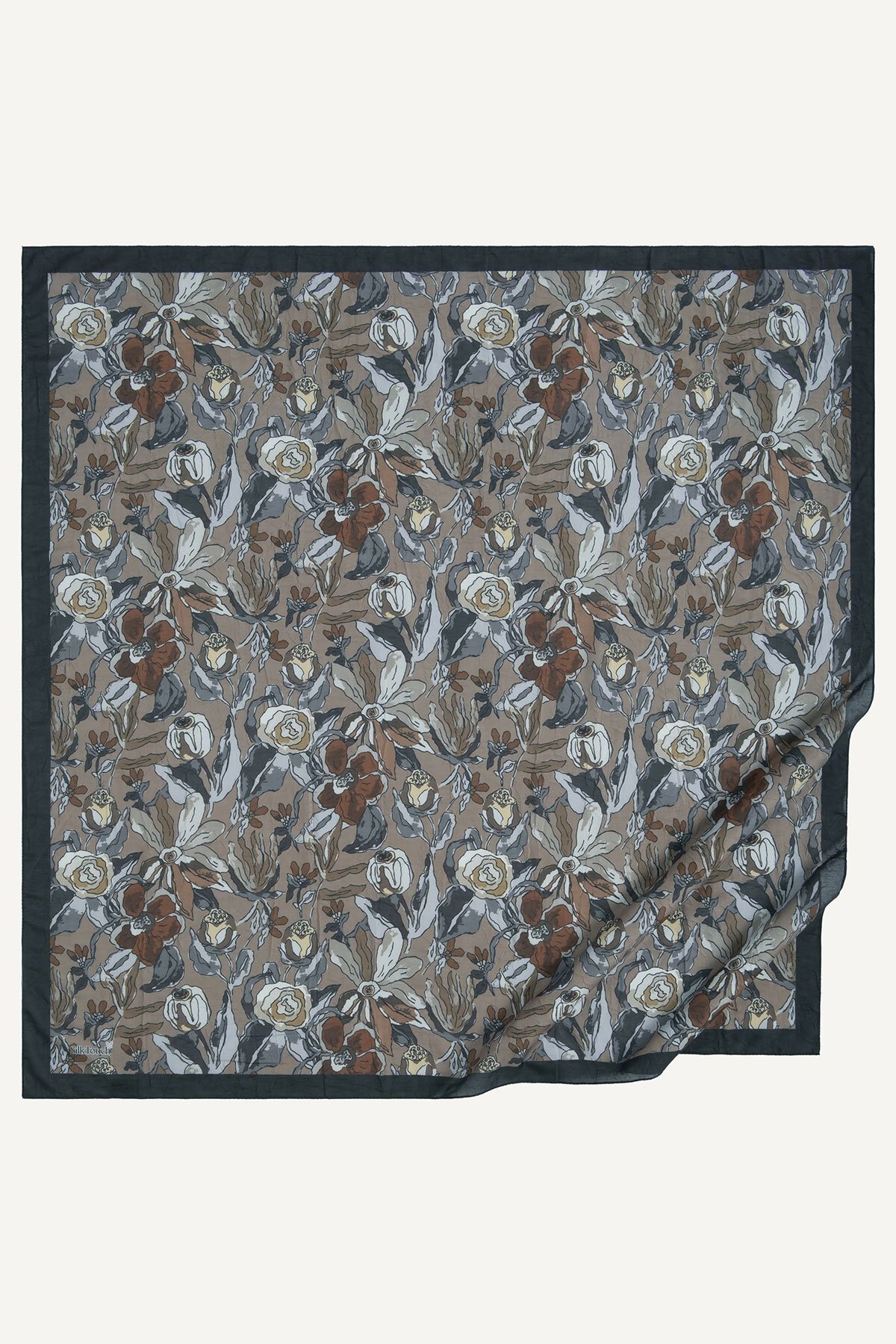 Siyah-Kahve Vintage Flora Desen Kraş Eşarp