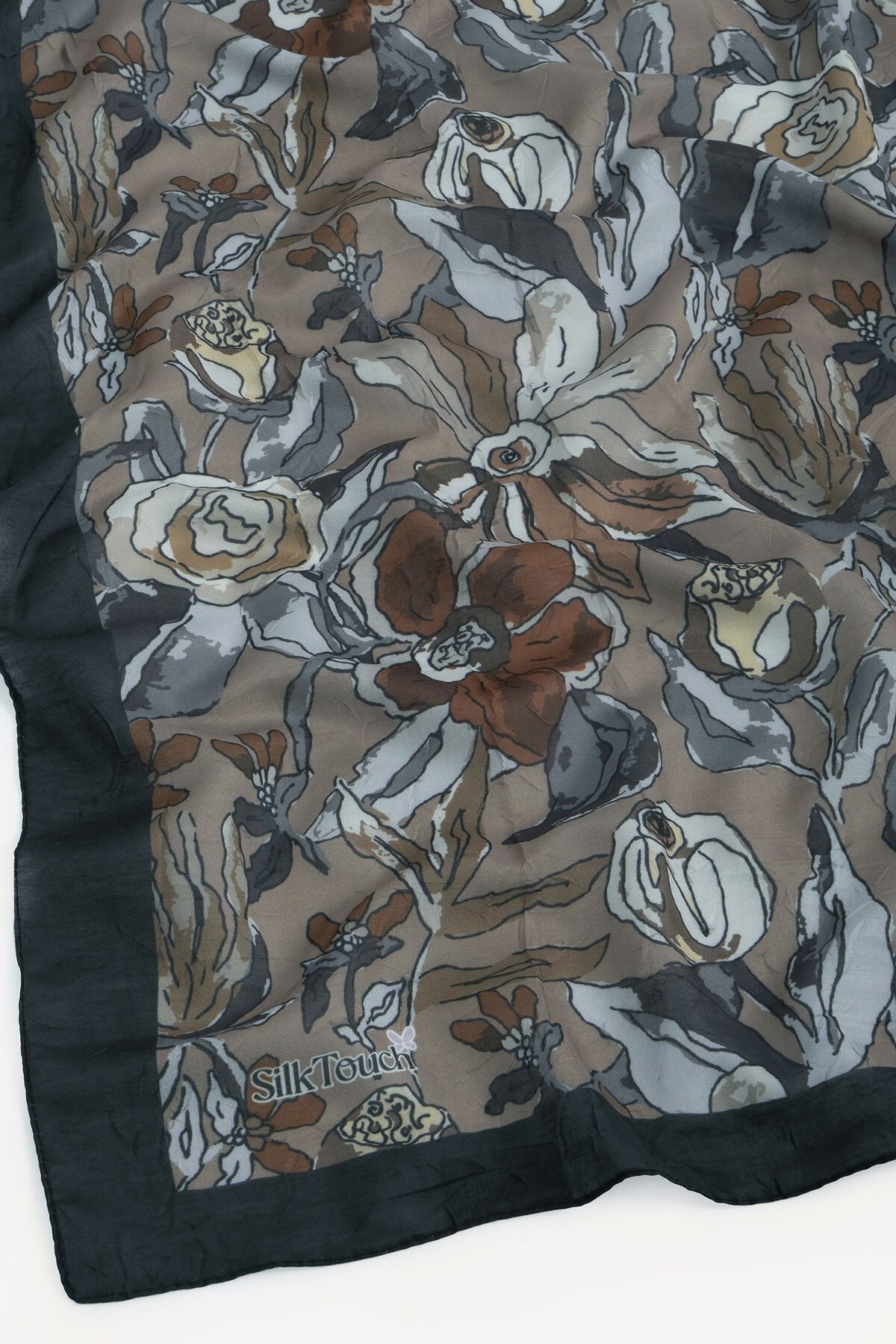Siyah-Kahve Vintage Flora Desen Kraş Eşarp