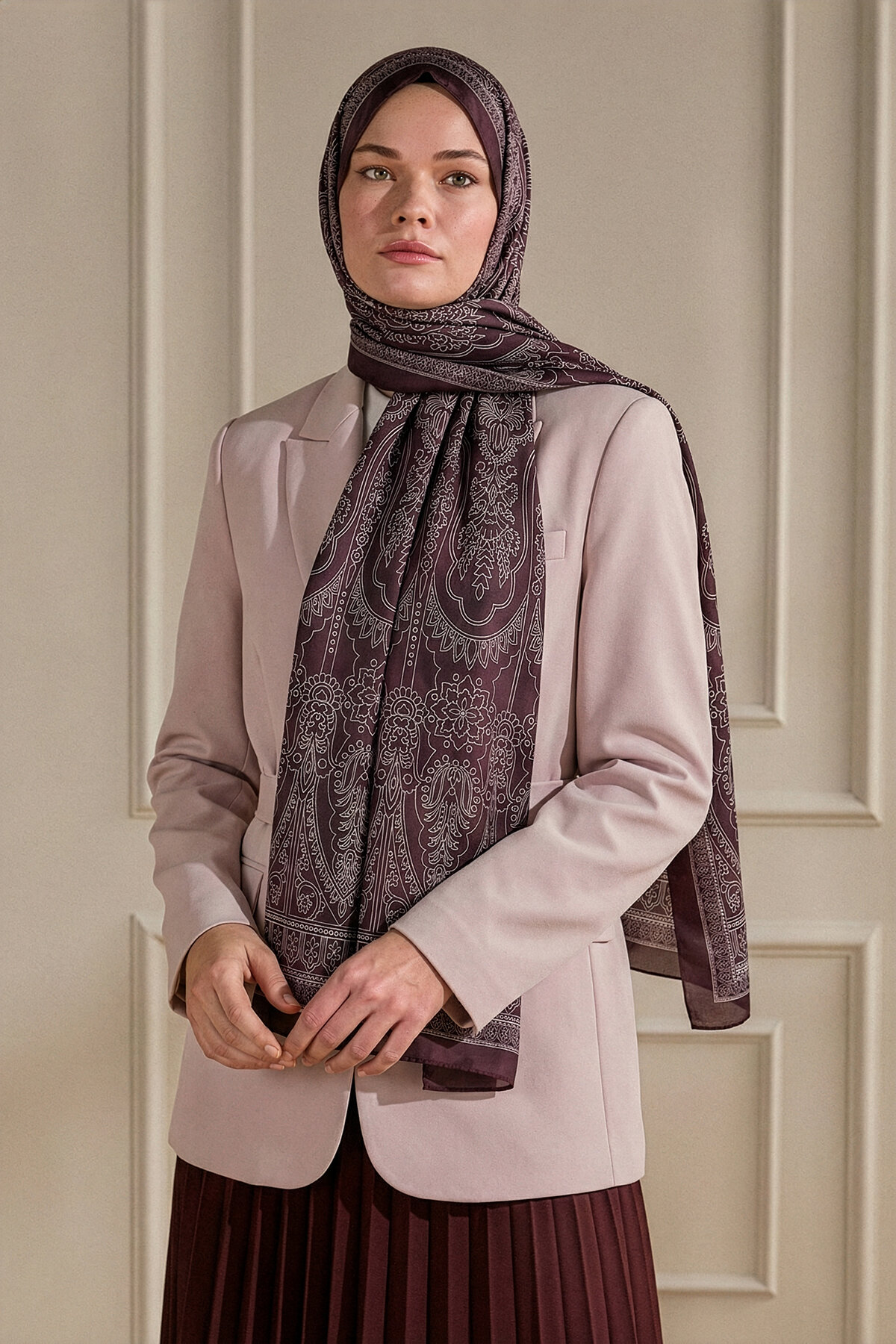 Mürdüm Paisley Desenli Organik Şal