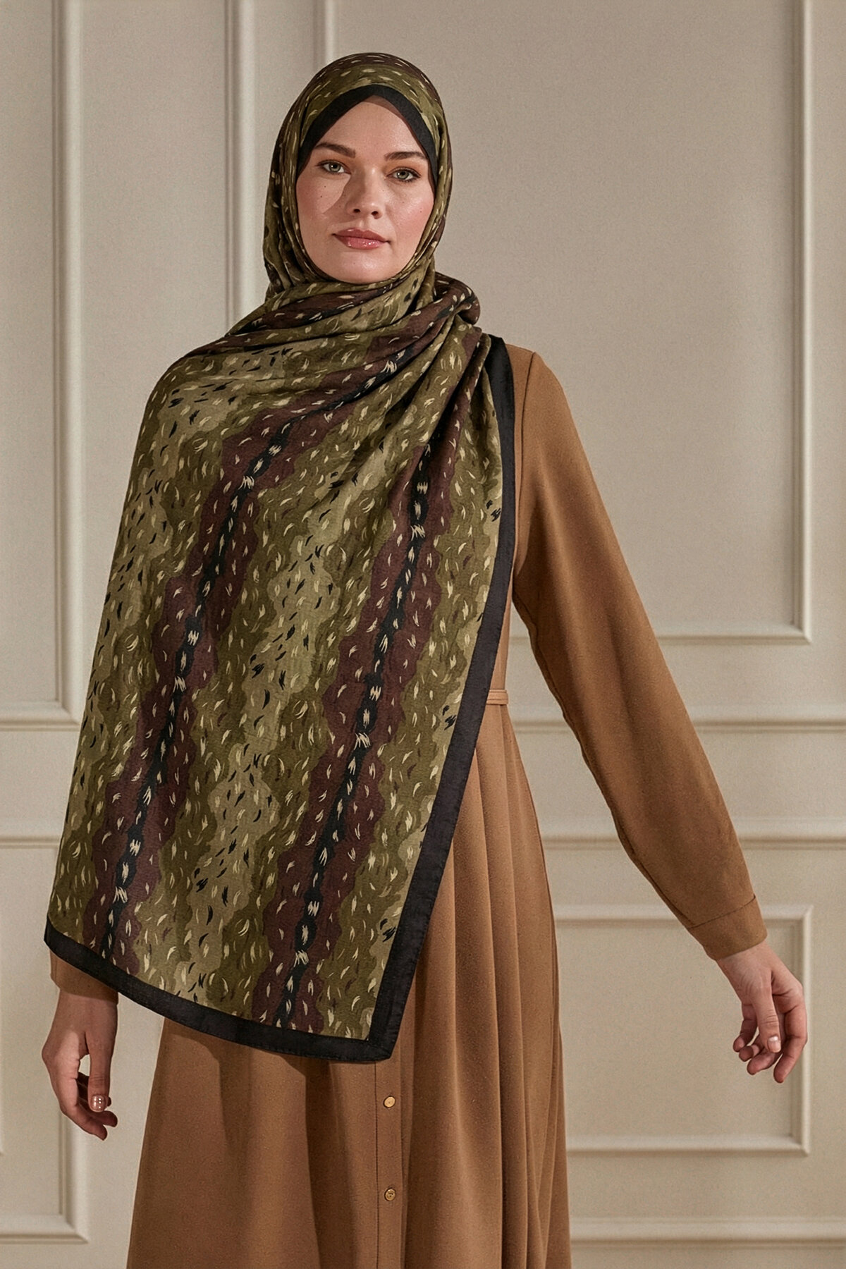 Camel Bambi Desen Bordürlü Kraş Şal