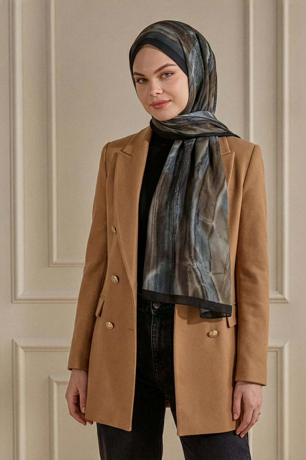 Mavi Siyah Mermer Tuval Desenli Organik Şal