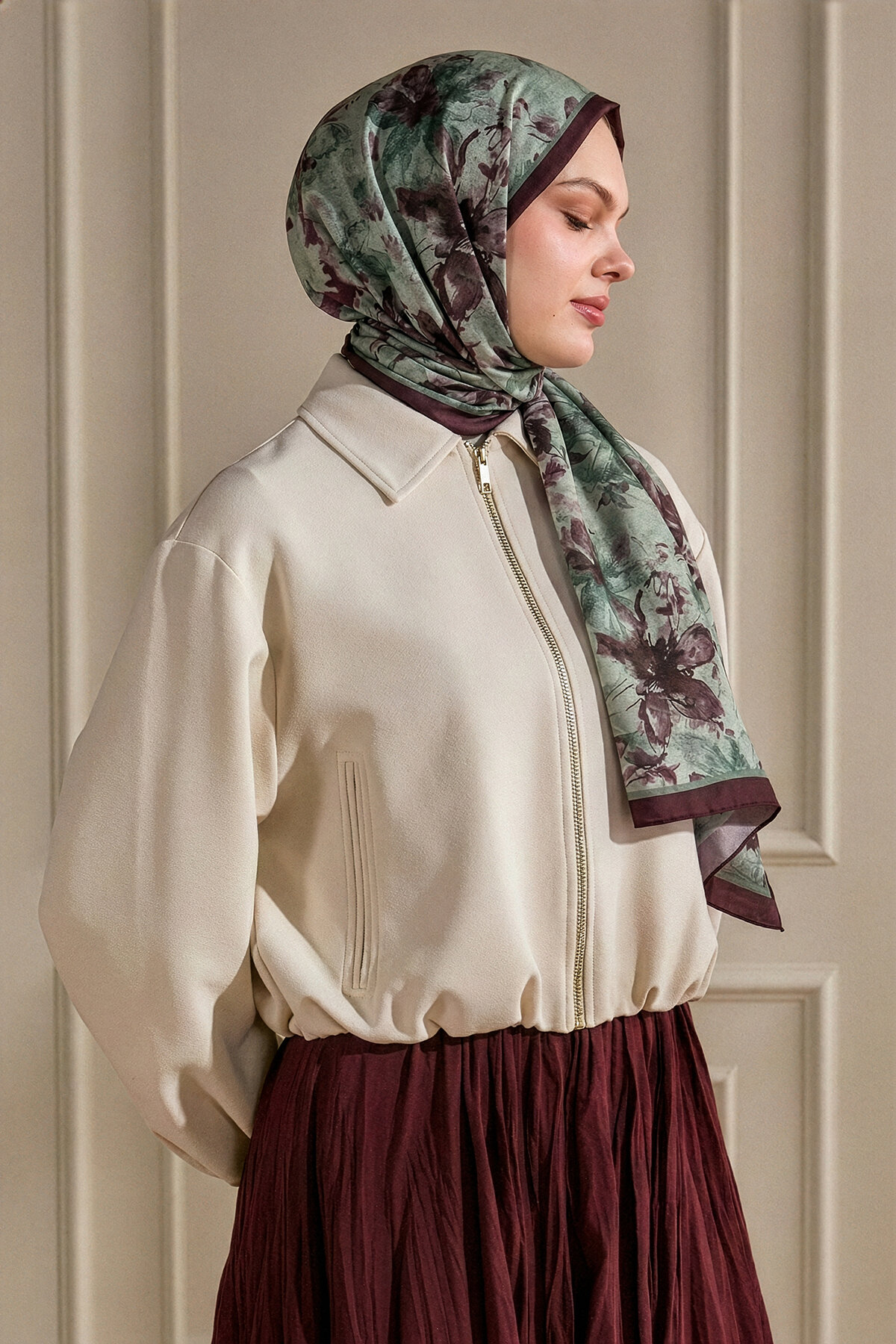 Yeşil Bordo Hatıra Çiçekleri Desenli Organik Şal