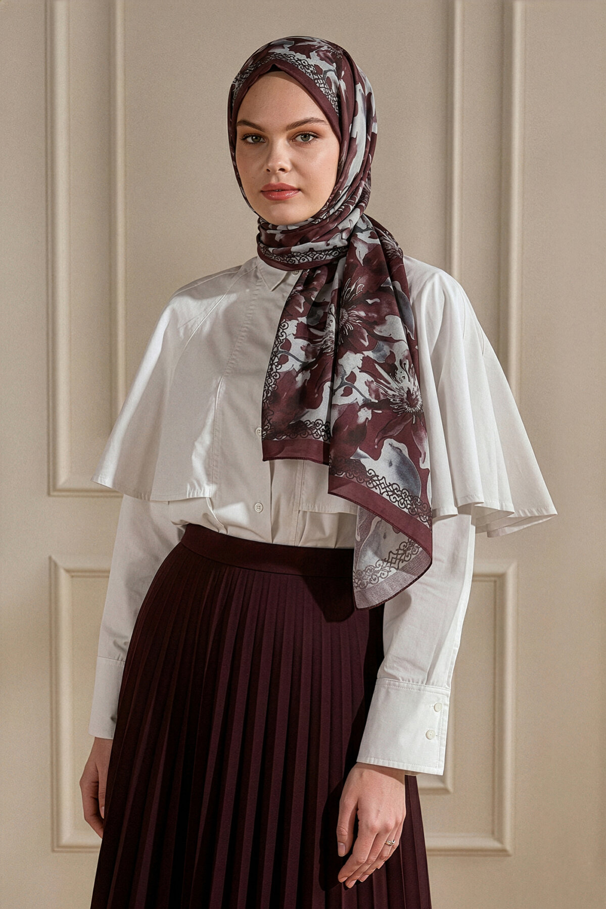 Bordo Tomurcuk Desenli Organik Şal