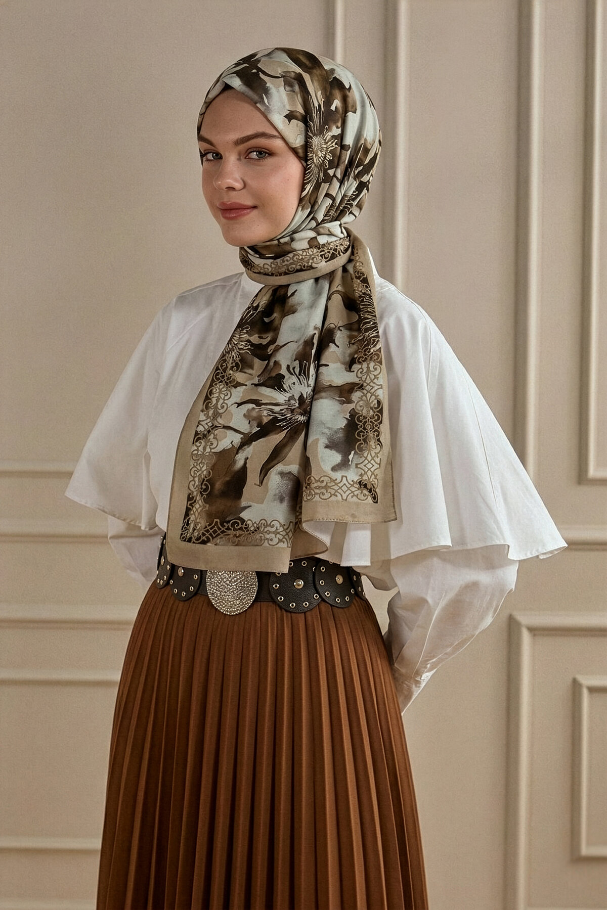 Krem Tomurcuk Desenli Organik Şal