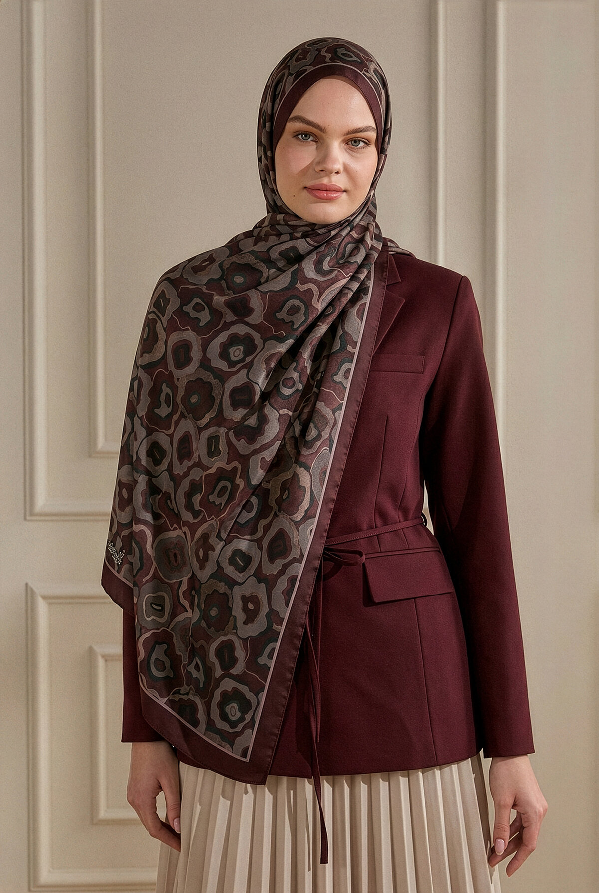 Bordo Pattern Desenli Organik Şal