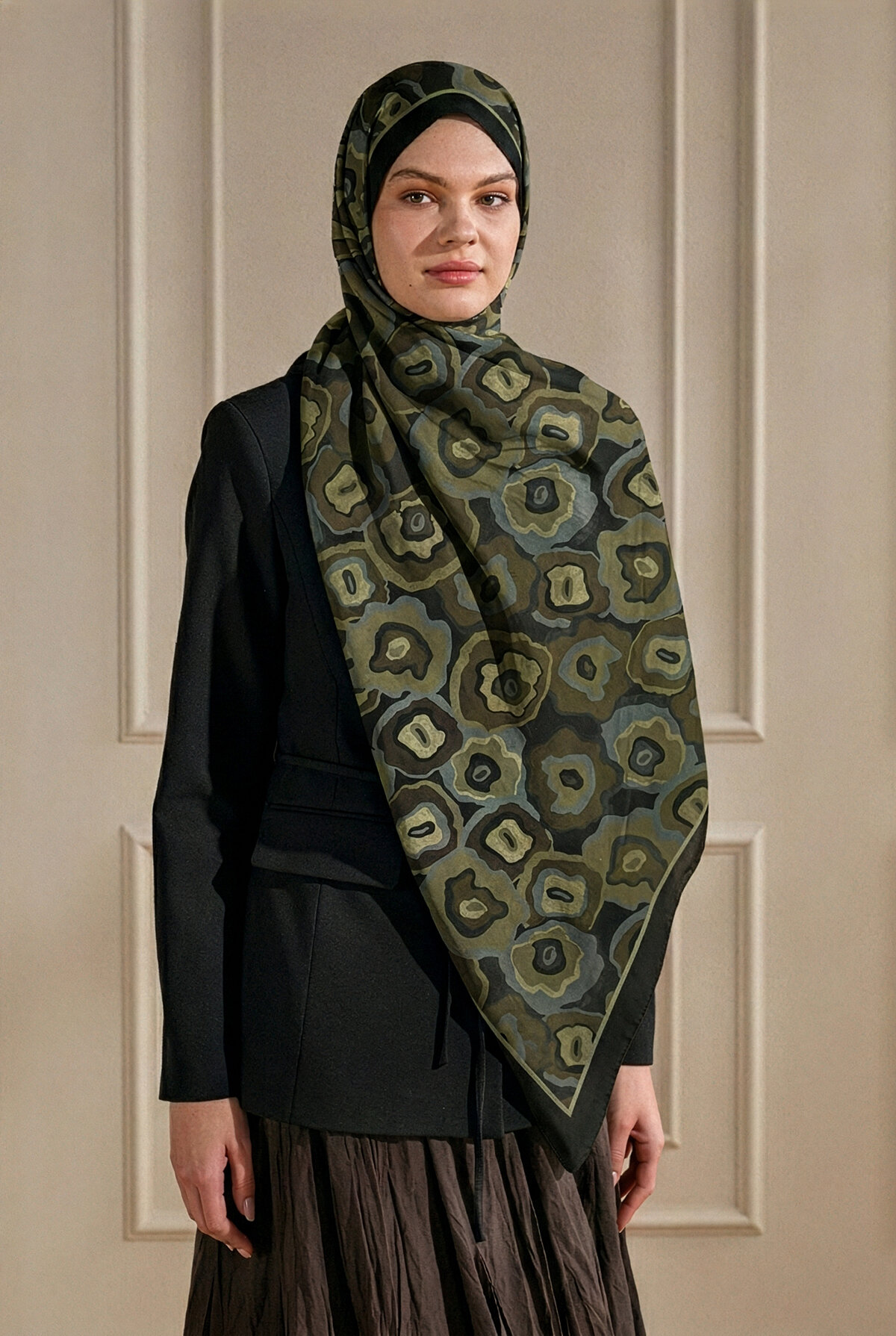 Siyah Kahve Pattern Desenli Organik Şal