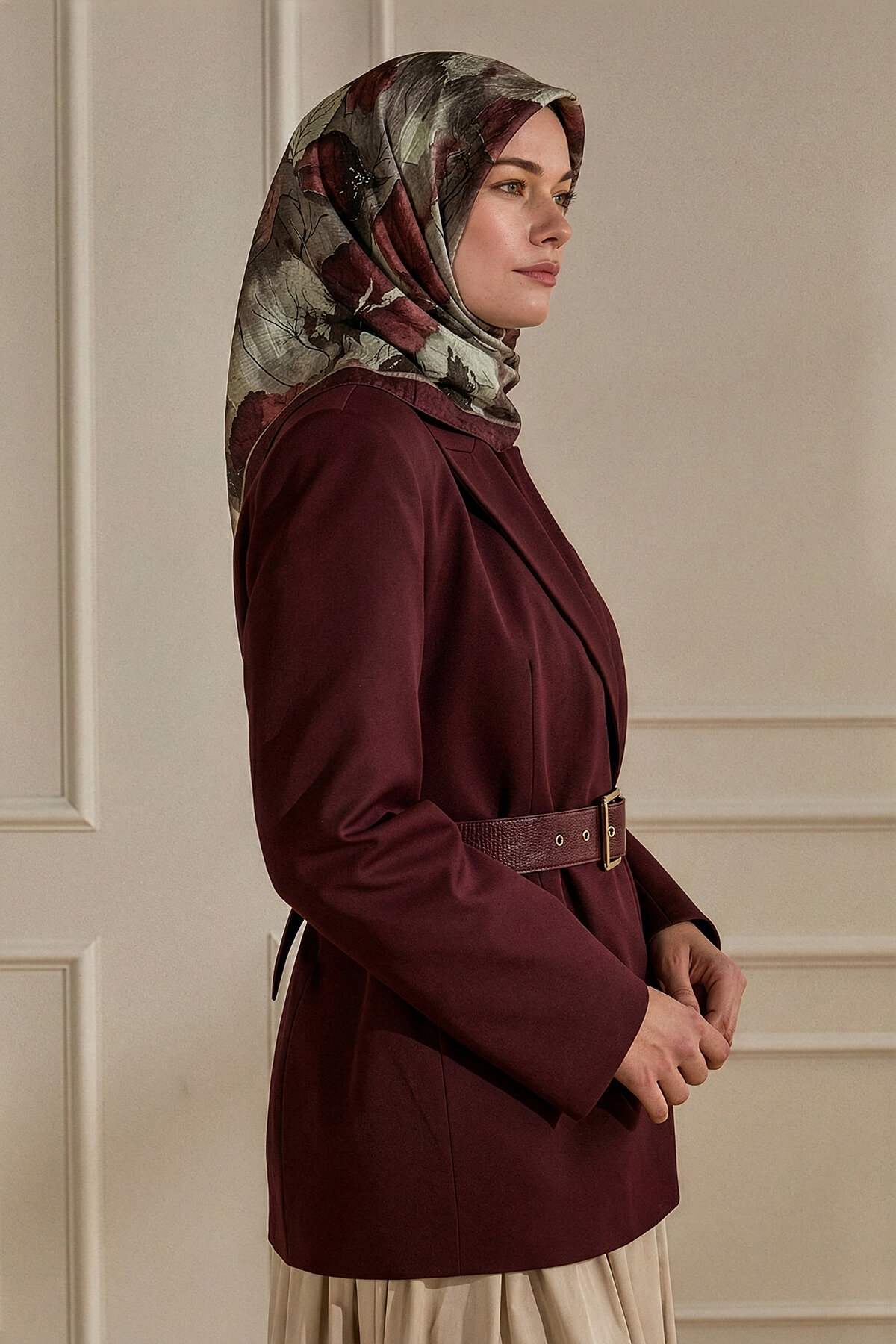 Kırmızı Yaprak Desen Kraş Eşarp