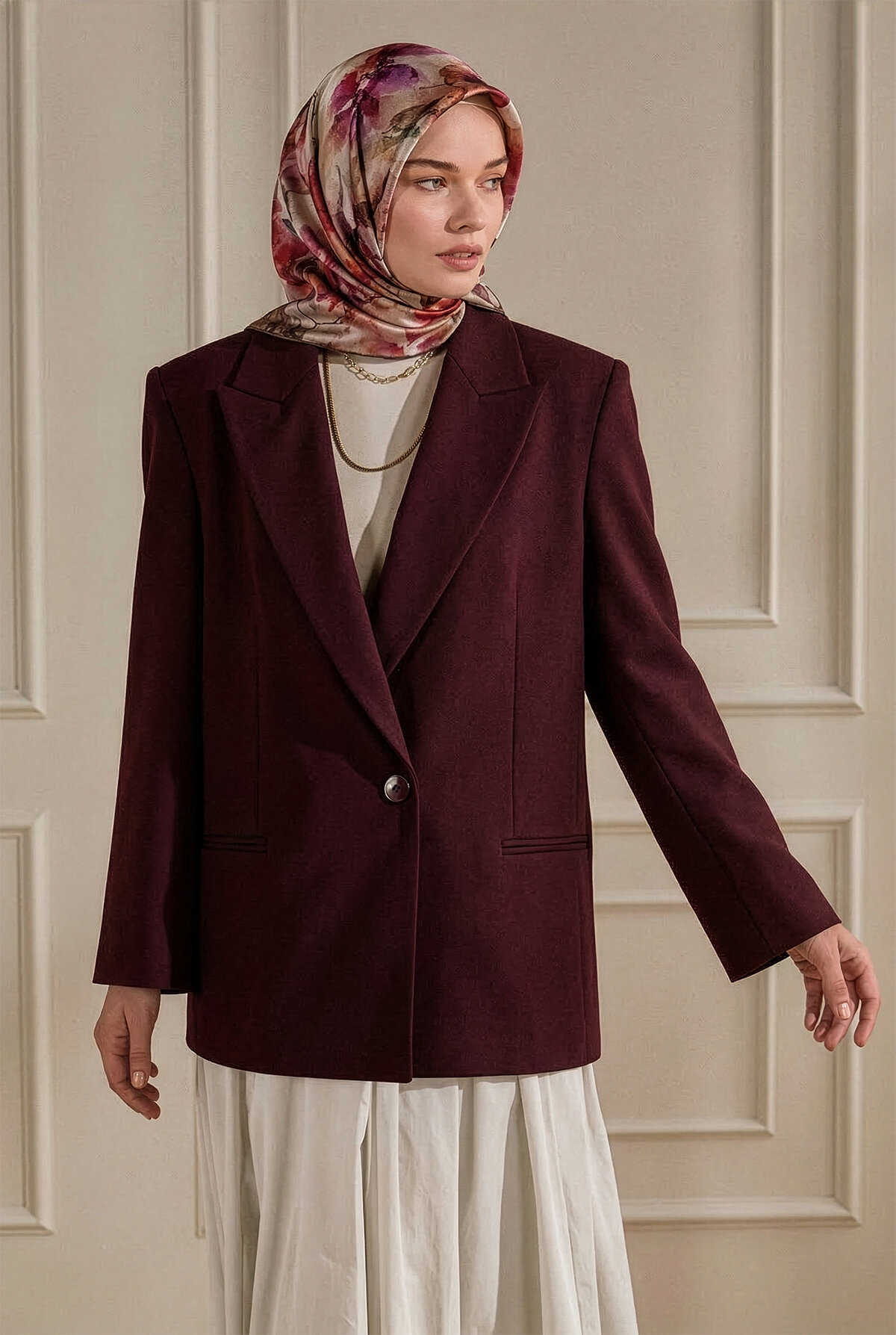 Bordo Botanik Desen Organik Eşarp