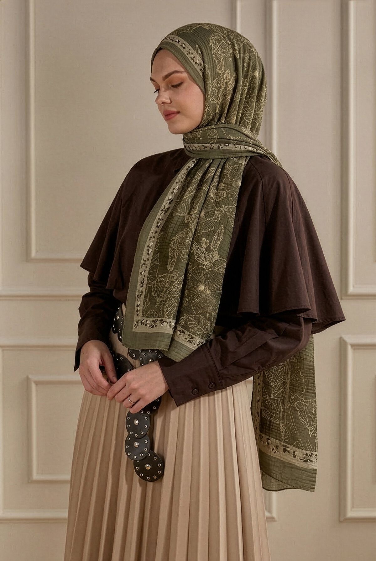 Bej Vintage Garden Desenli Müslin Şal