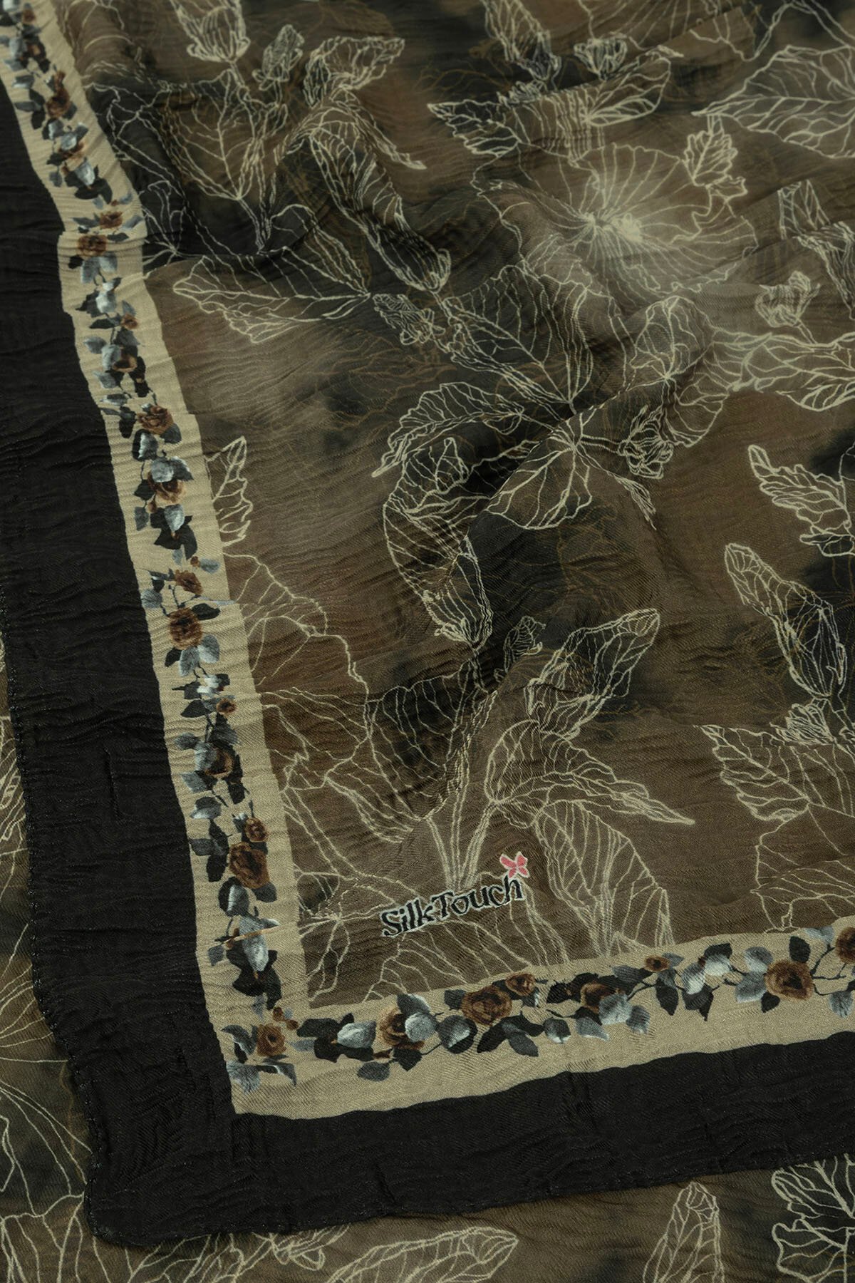 Siyah Gold Vintage Garden Desenli Müslin Şal