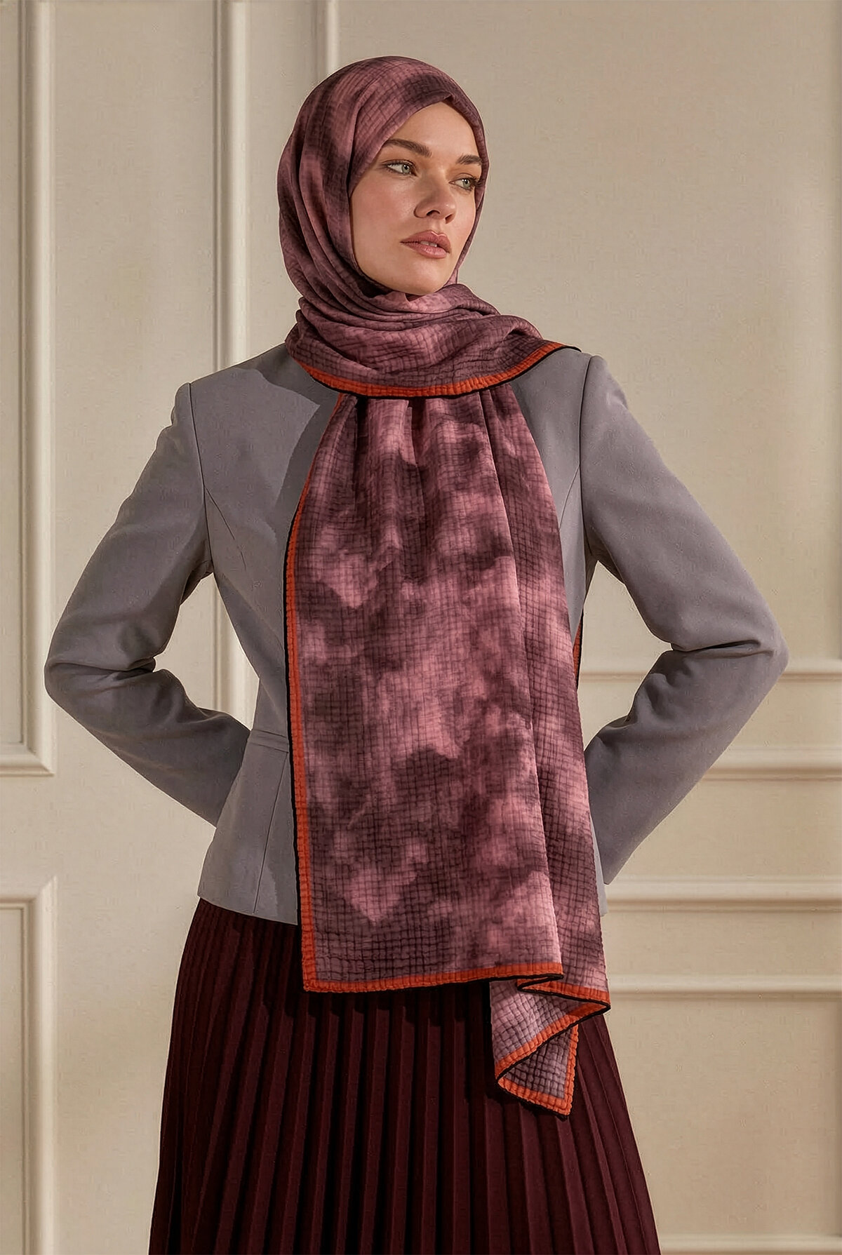 Bordo Bulut Desenli Müslin Şal
