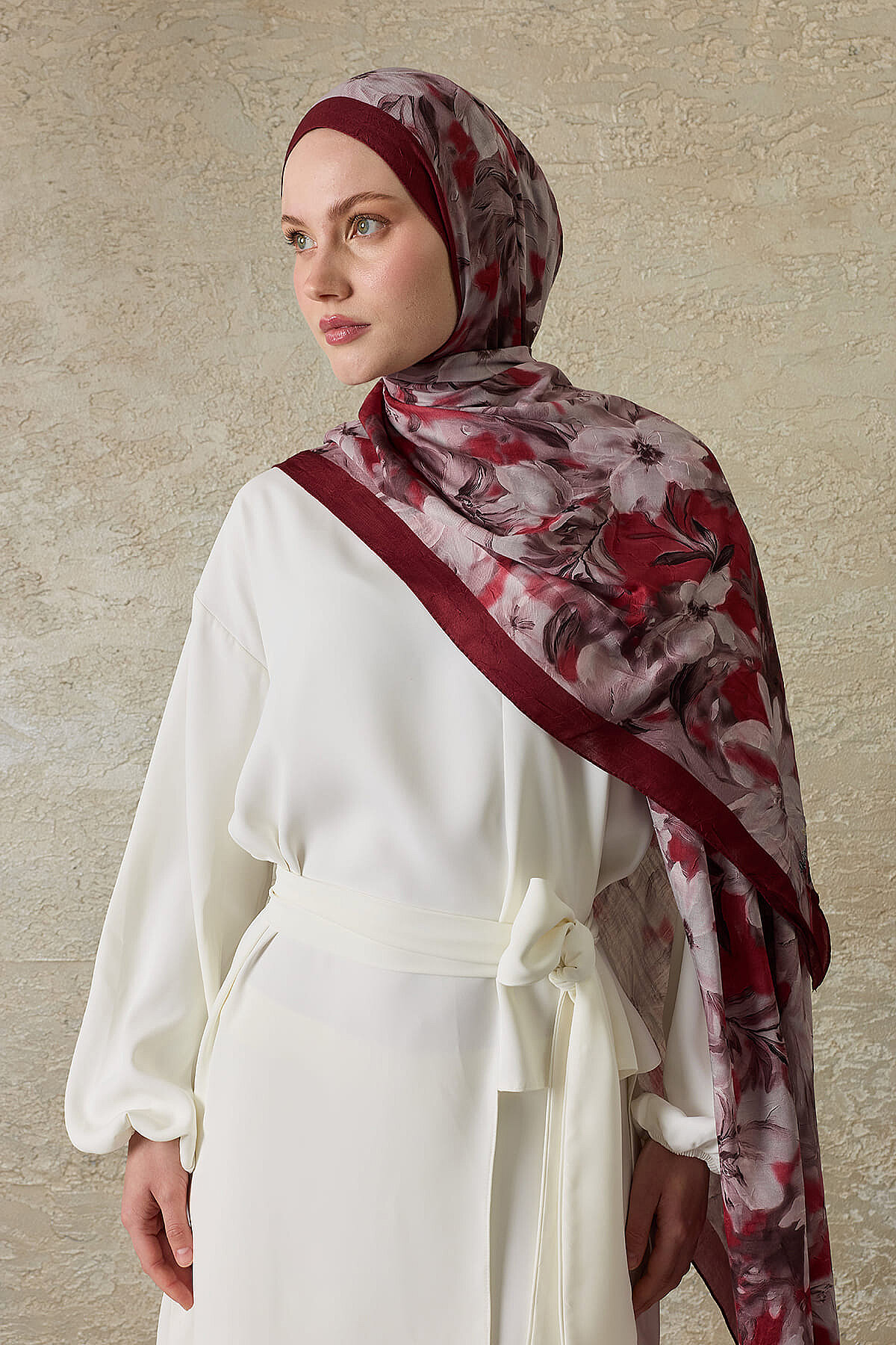 Bordo Vintage Manolya Desenli Kraş Şal