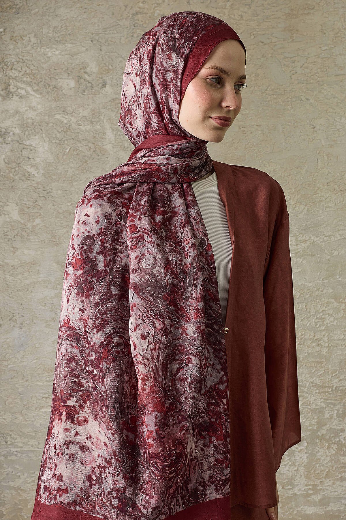 Bordo Volkanik Zarafet Desenli Kraş Şal