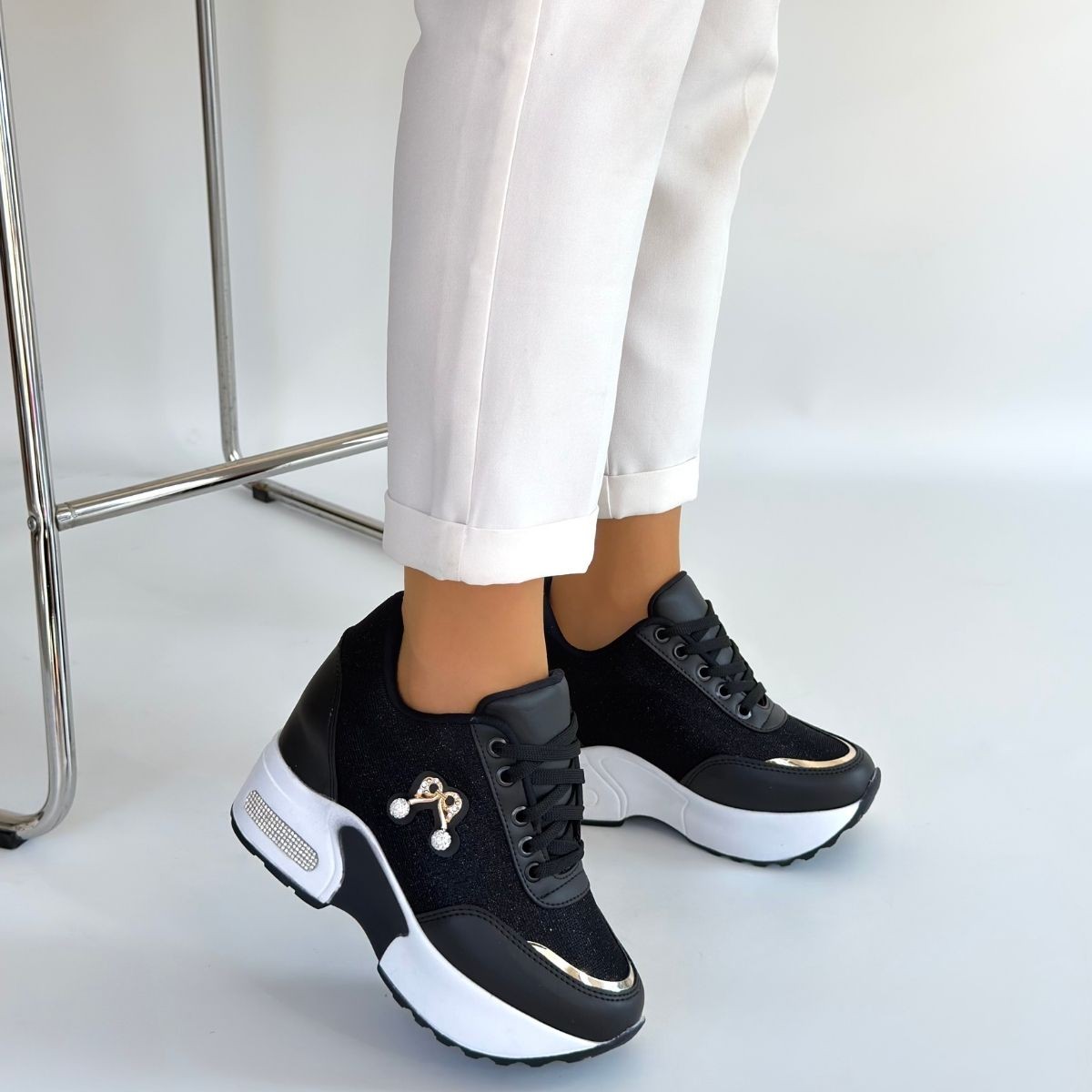 Wody Siyah Cilt Simli Bağcıklı Spor Ayakkabı