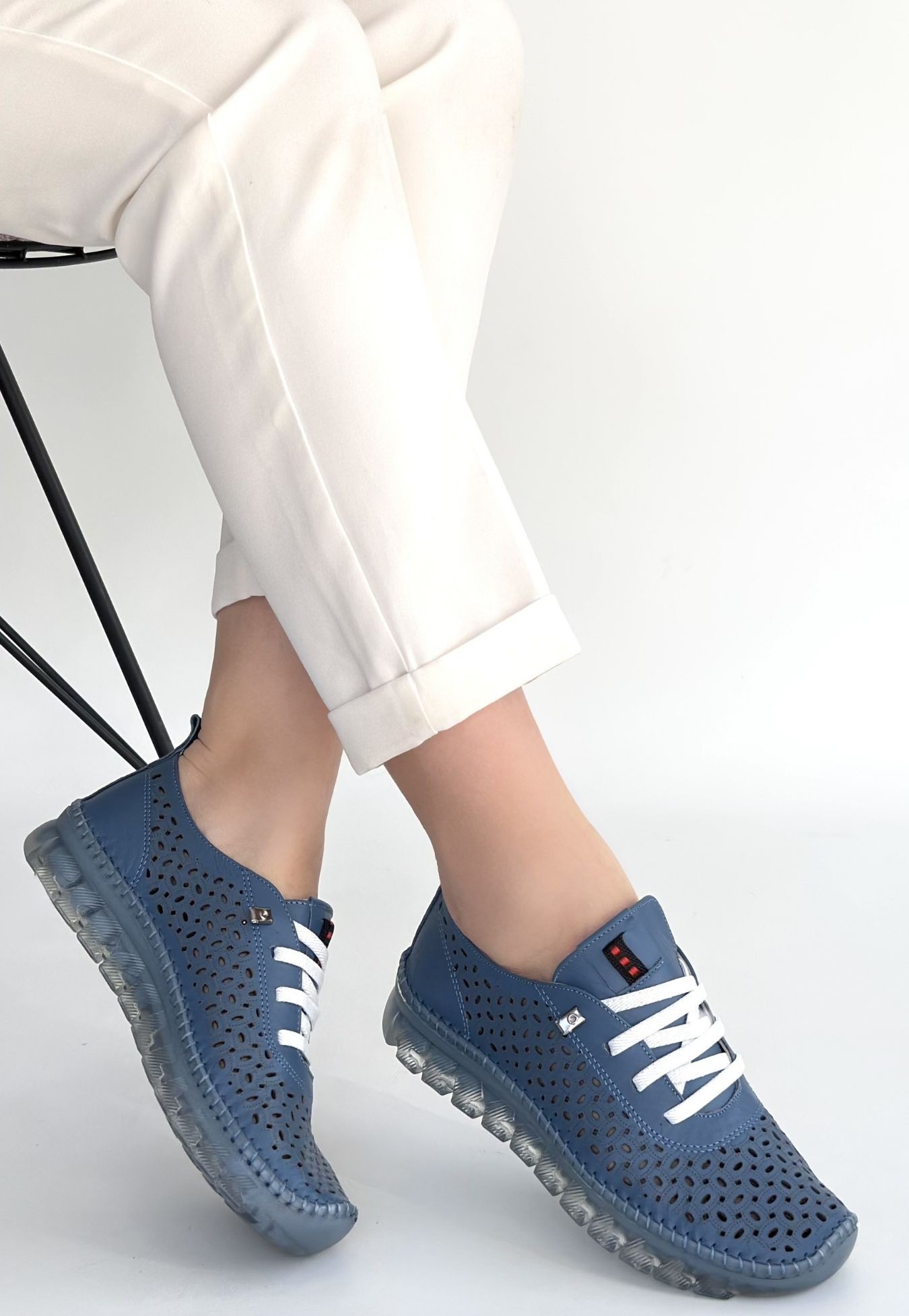 Otja Mavi Deri Lazerli Bağcıklı Spor Ayakkabı