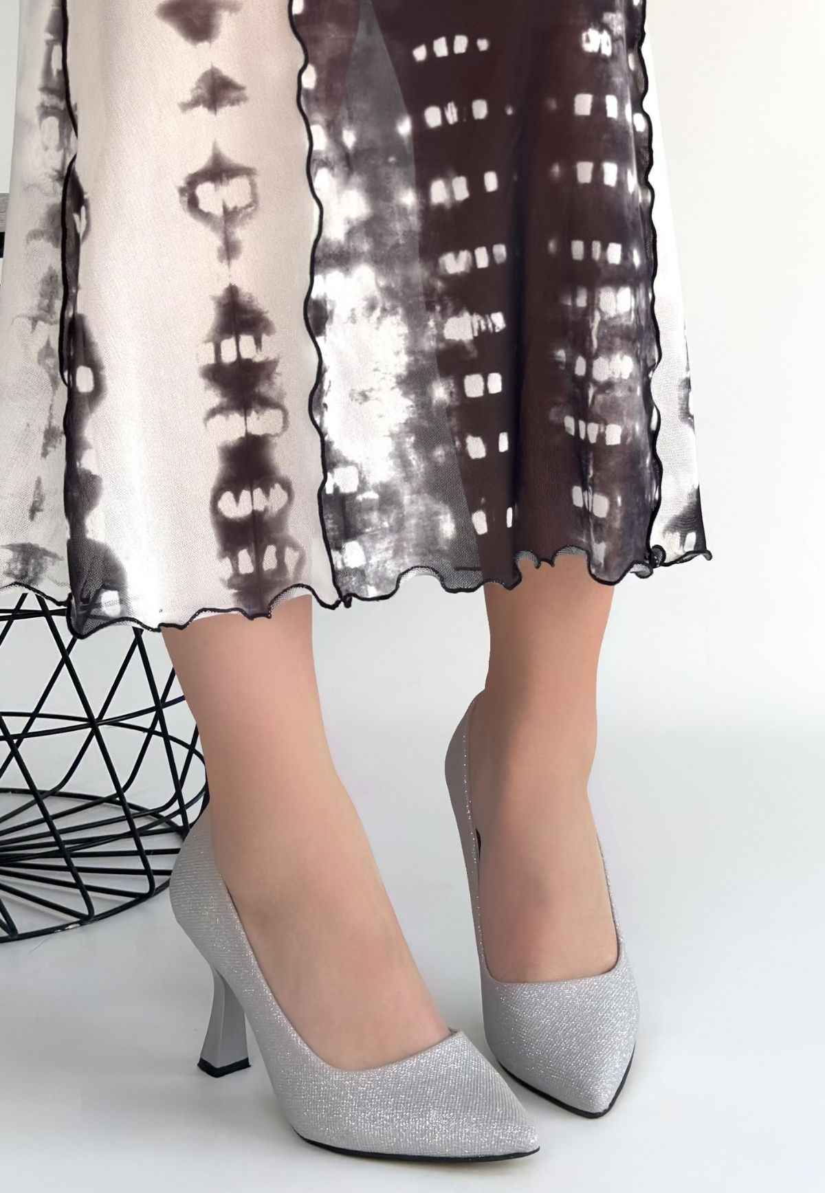 Meyli Gümüş Saten Simli Topuklu Ayakkabı