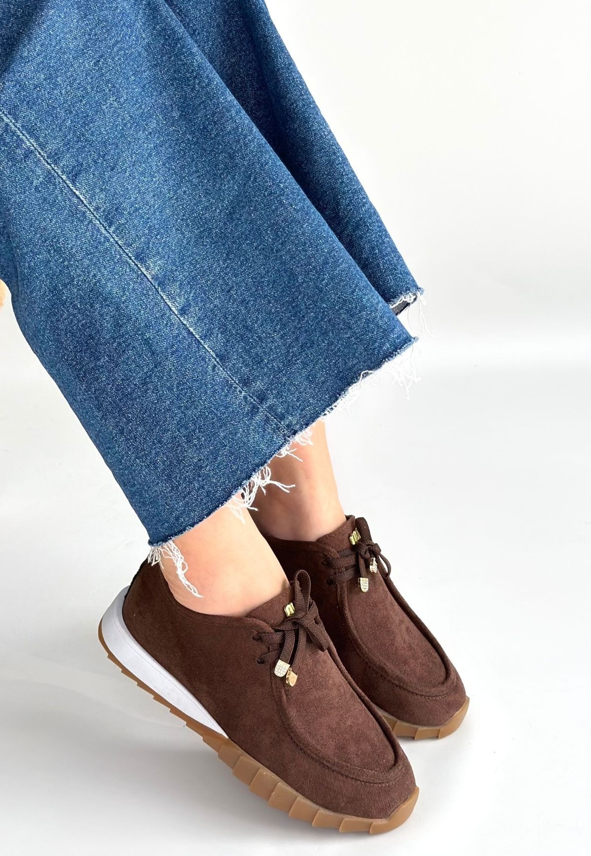 Sier Kahverengi Süet Bağcıklı Spor Ayakkabı