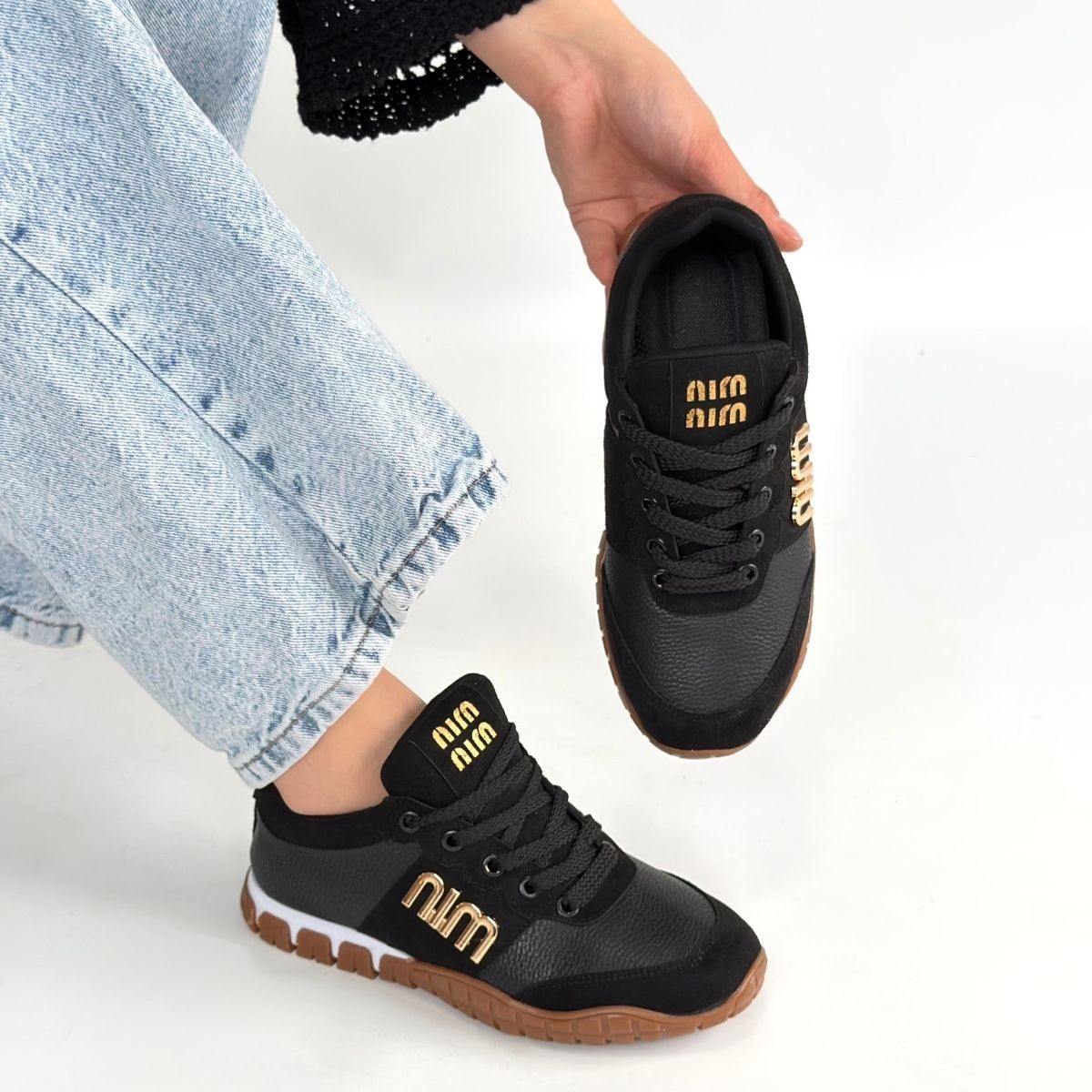 Marje Siyah Cilt Bağcıklı Spor Ayakkabı