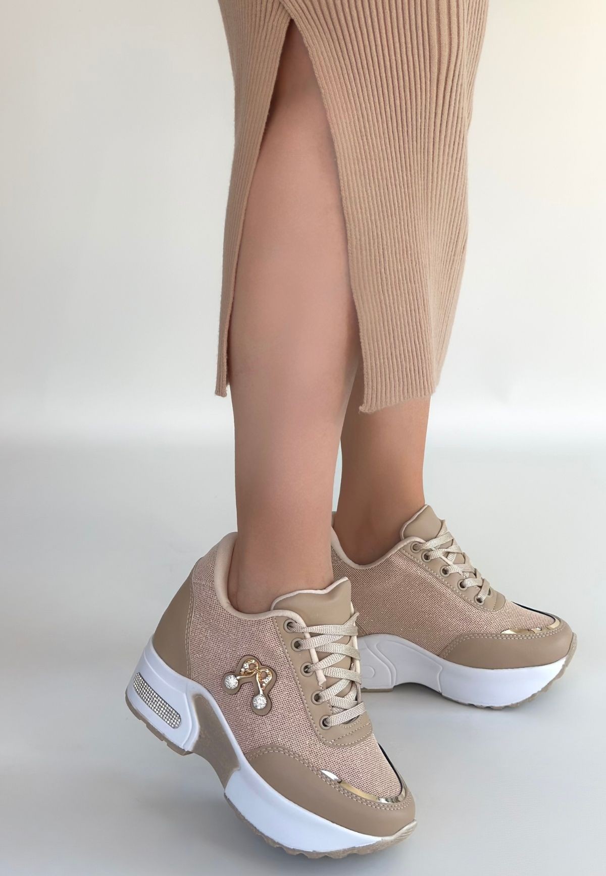 Wody Bej Cilt Simli Bağcıklı Spor Ayakkabı