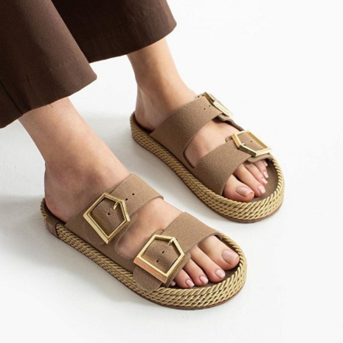 Loera Vizon Nubuk Çift Tokalı Terlik