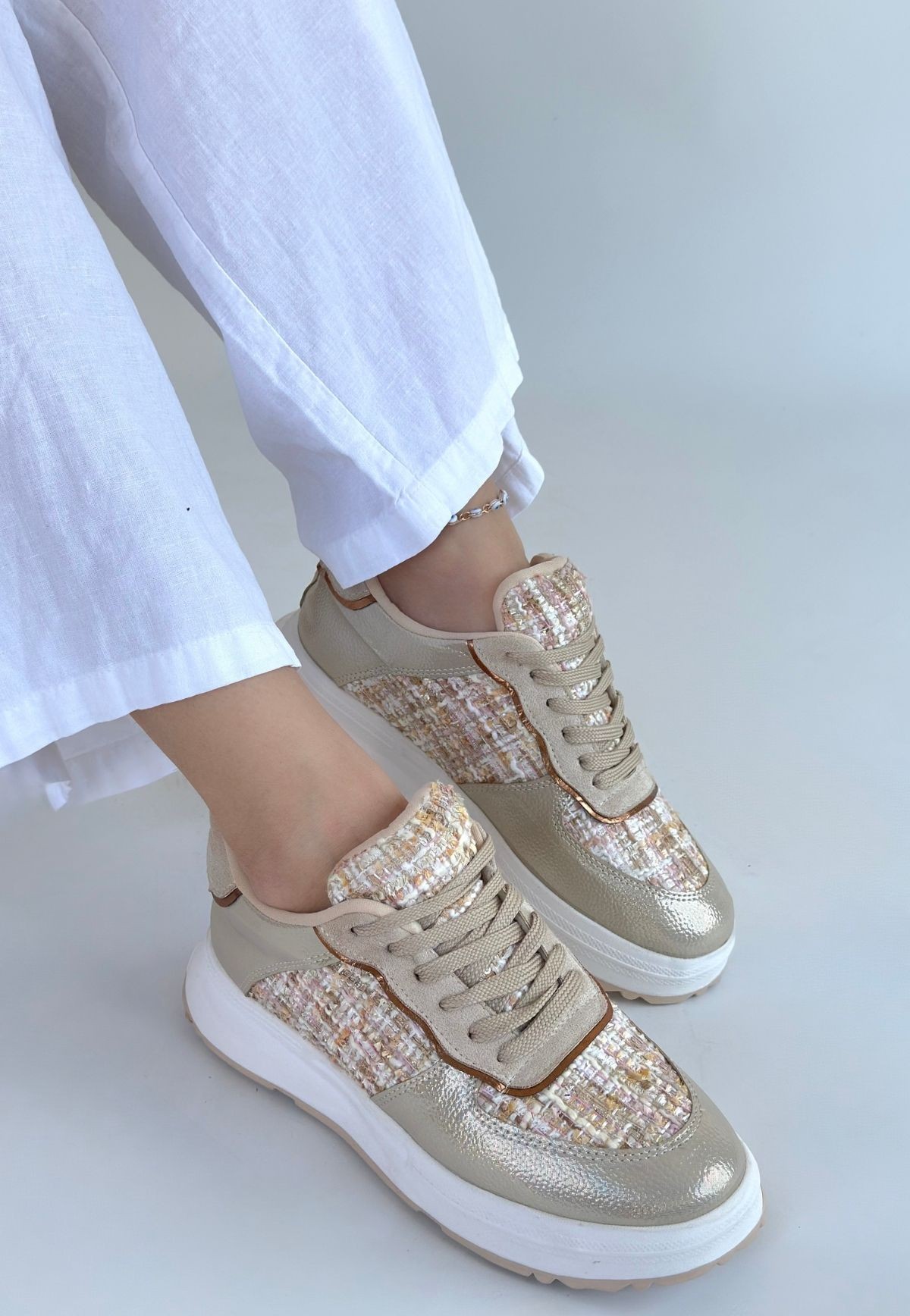 Hawer Bej Cilt Bağcıklı Spor Ayakkabı